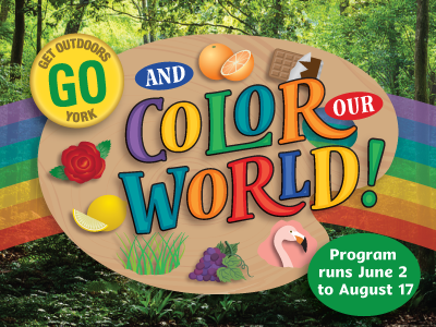 Get Outdoors York program logo with rainbow and colored objects.